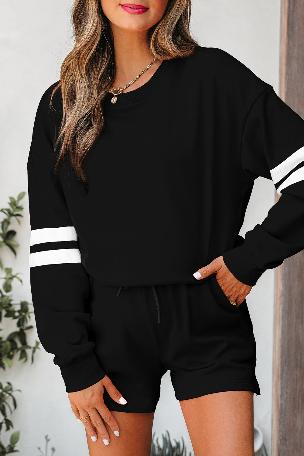 Black Varsity Striped Sleeve Drop Shoulder Sweatshirt and Short Set 🇺🇲