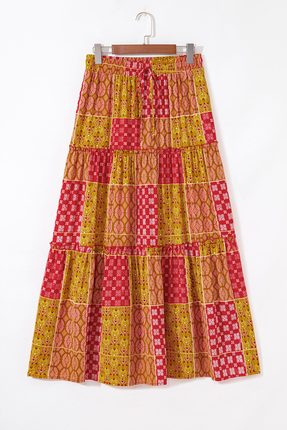 Orange Tiered Paisley Print Pocketed Maxi Skirt 🇺🇸