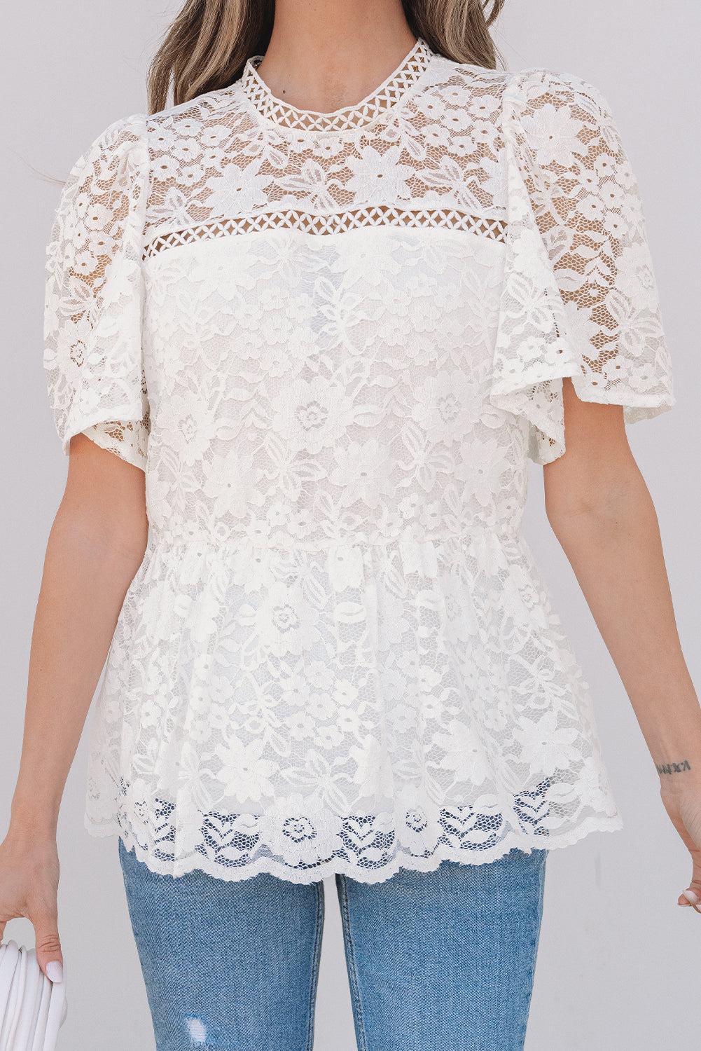 White Short Sleeve Scalloped Floral Lace Peplum Blouse 🇨🇳
