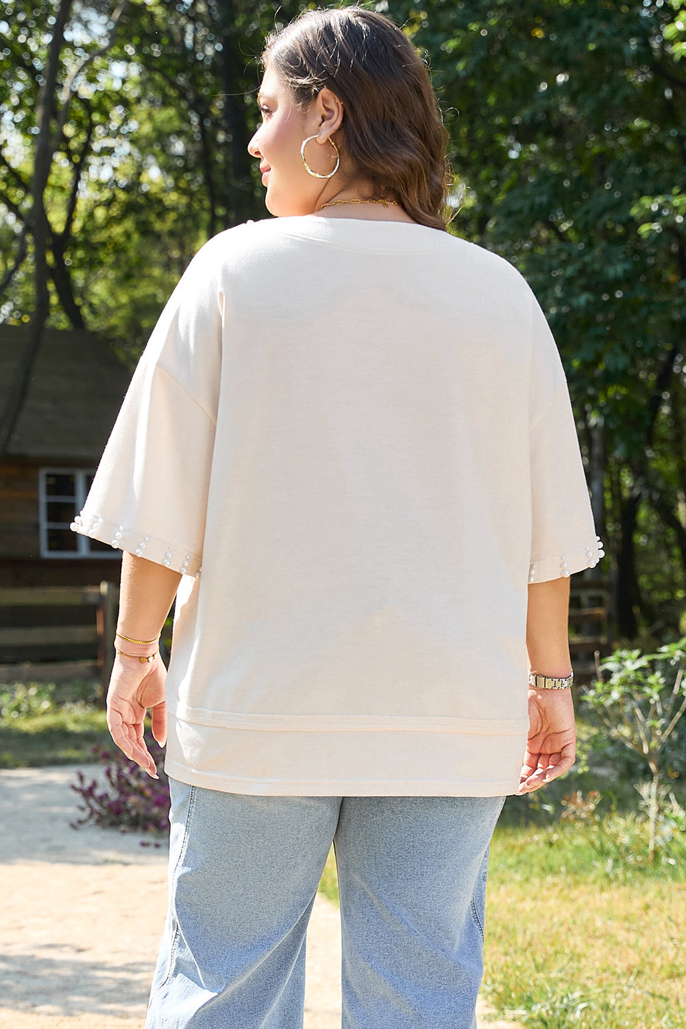 Beige Pearl Decor Crew Neck Half Sleeve Plus Size T Shirt 🇨🇳