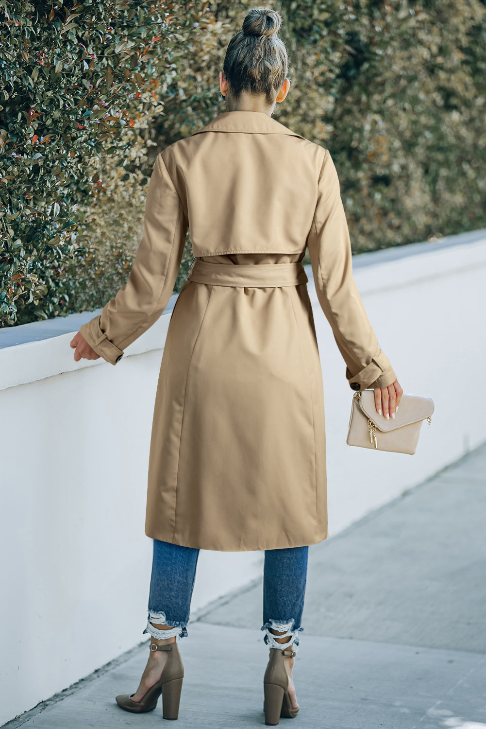 Pale Khaki Solid Color Lapel Collar Waist Tie Wind Coat 🇺🇸