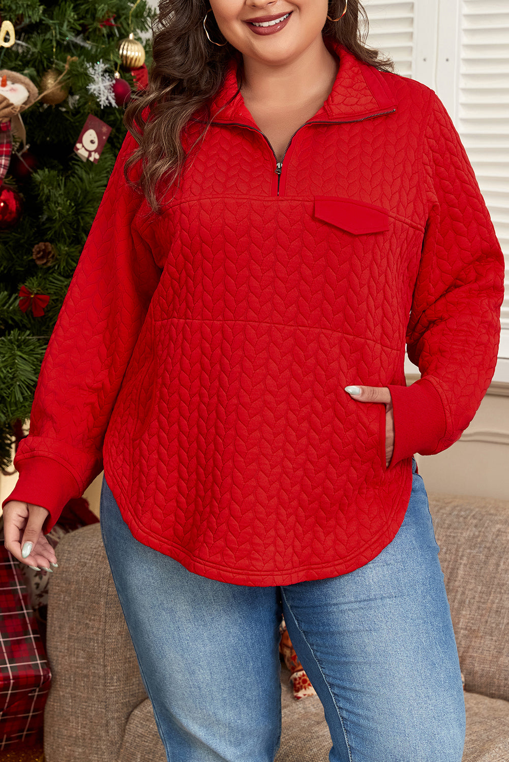 Tomato Red Cable Textured Quarter Zip Pocketed Plus Size Pullover 🇺🇸