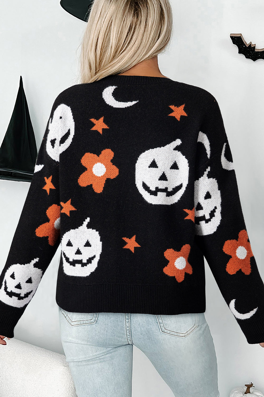 Black Halloween Mythical Night Pattern Drop Shoulder Sweater 🇺🇲
