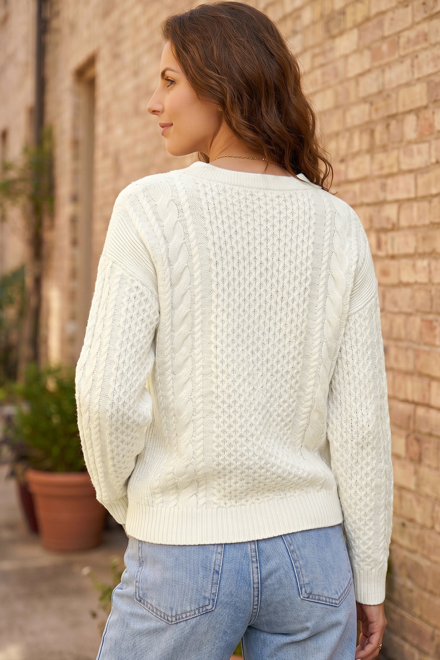 Beige Solid Color Cable Detail Knit Loose Round Neck Sweater 🇺🇸