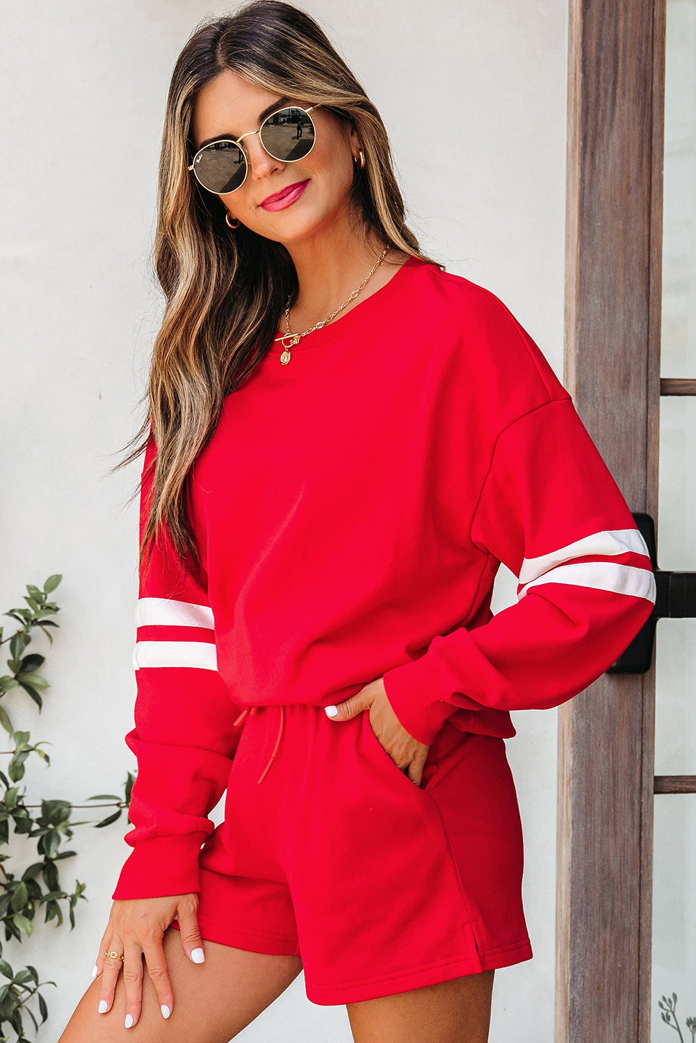 Fiery Red Varsity Striped Sleeve Drop Shoulder Sweatshirt and Short Set 🇺🇲