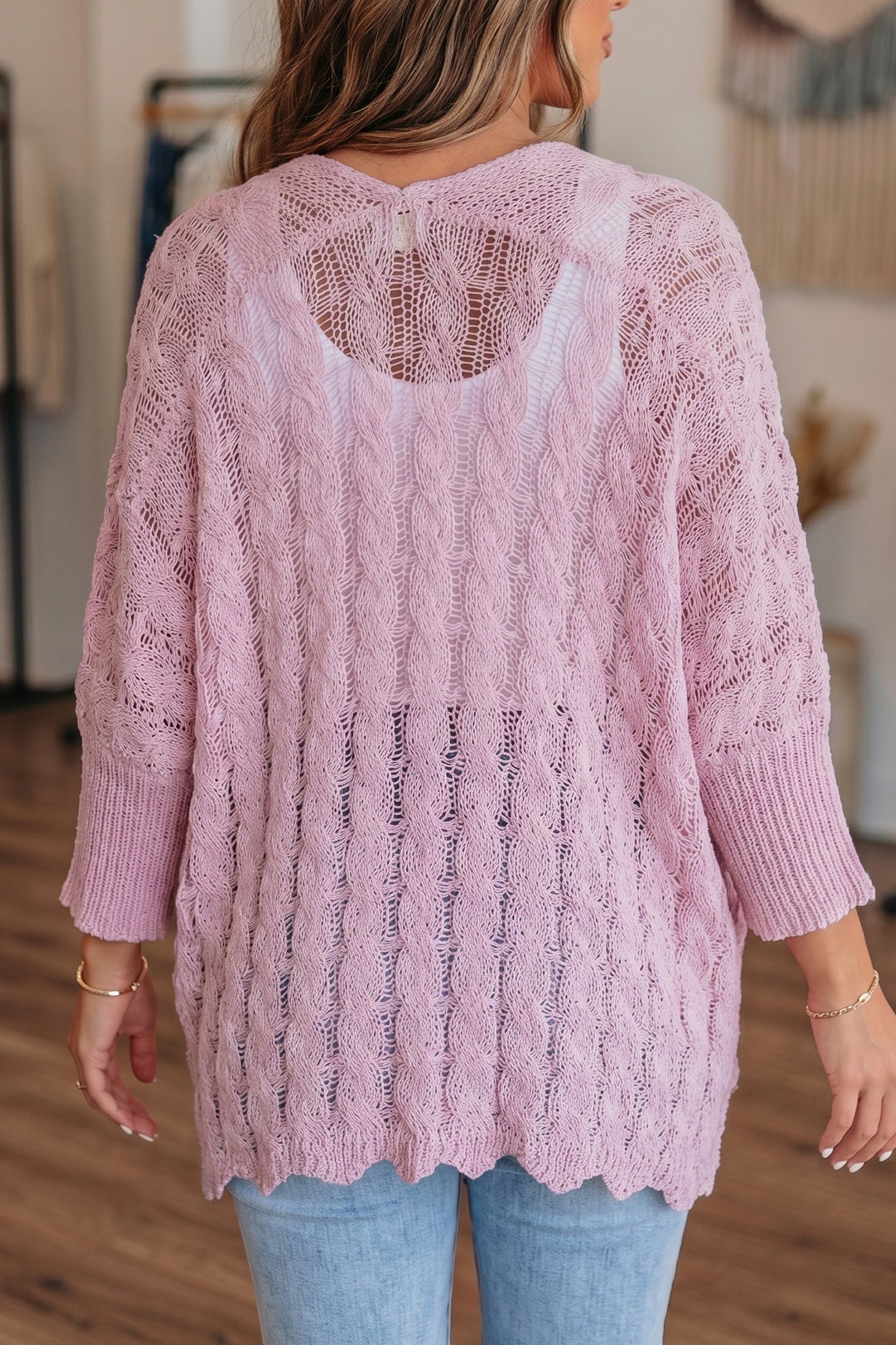 Old Rose Hollowed Pattern Knit Drop Shoulder Open Sweater Cardigan 🇺🇸