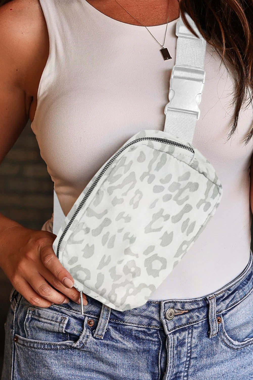 White Leopard Print Buckle Canvas Chest Bag 20*5*14cm 🇺🇸