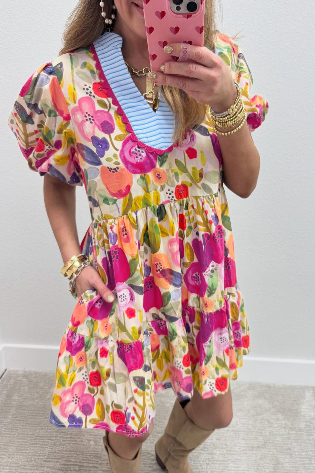 Rose Bright Floral Print Ricrac Trim Striped Patchwork V Neck Dress 🇺🇸