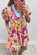 Rose Bright Floral Print Ricrac Trim Striped Patchwork V Neck Dress 🇺🇸