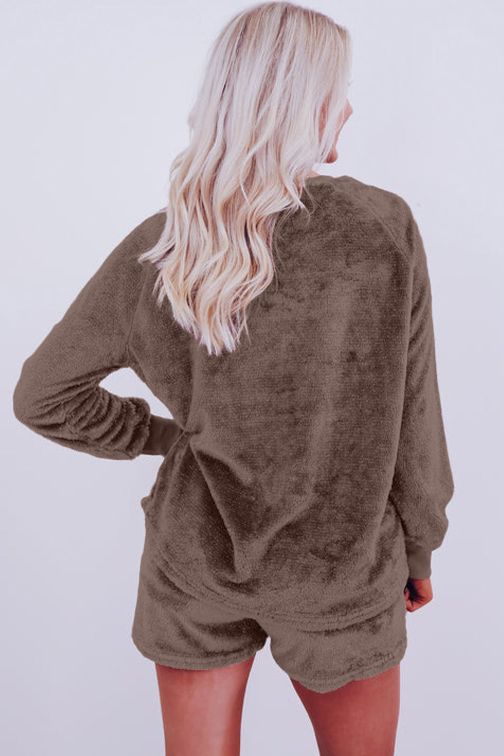 Coffee Solid Loose Fit Two Piece Fleece Lounge Set 🇨🇳