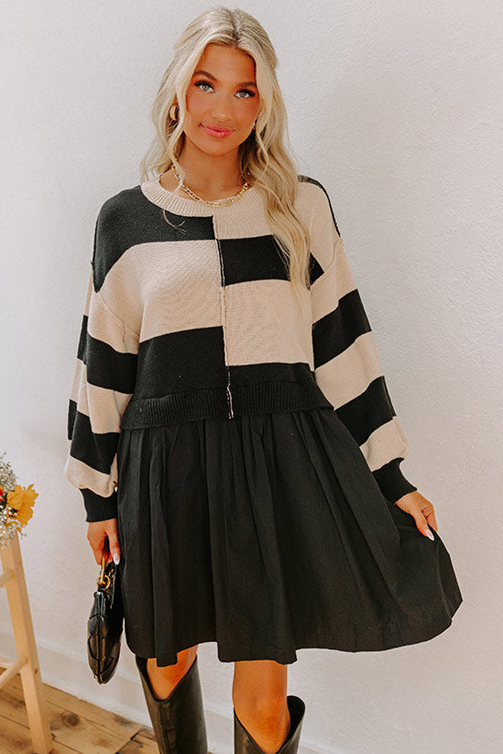Black Stripe Two in One Knitted Top High Waist Splicing Hem Sweater Dress 🇺🇲