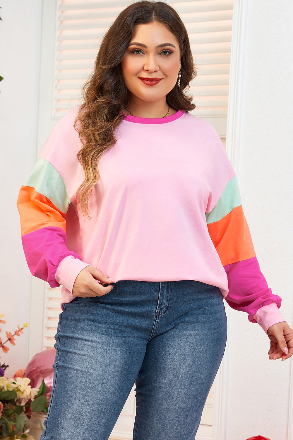 Pink Colorblock Patchwork Long Sleeve Plus Size Top 🇨🇳