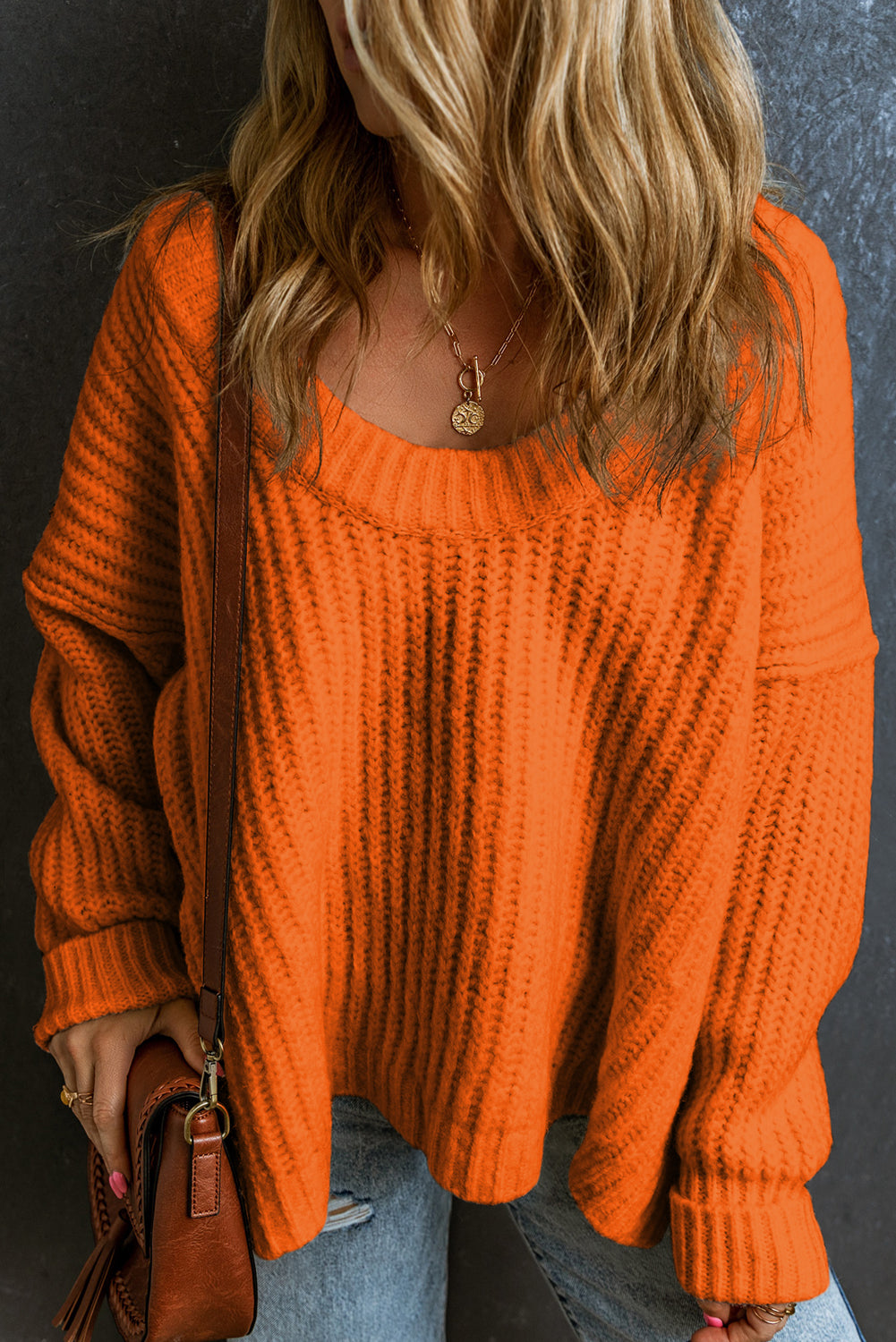Orange Ribbed Knit Round Neck Slouchy Chunky Sweater 🇺🇸