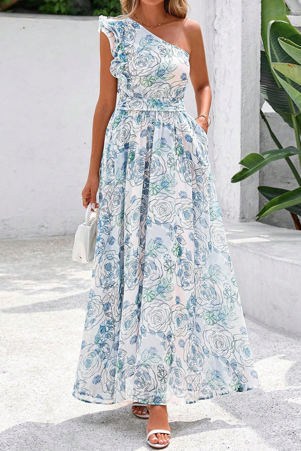 Sky Blue Floral Print Ruffled One Shoulder Vacation Maxi Dress 🇺🇸