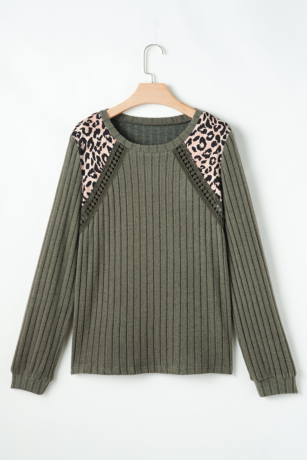 Moss Green Leopard Print Crochet Patchwork Rib Textured Knit Top 🇺🇲
