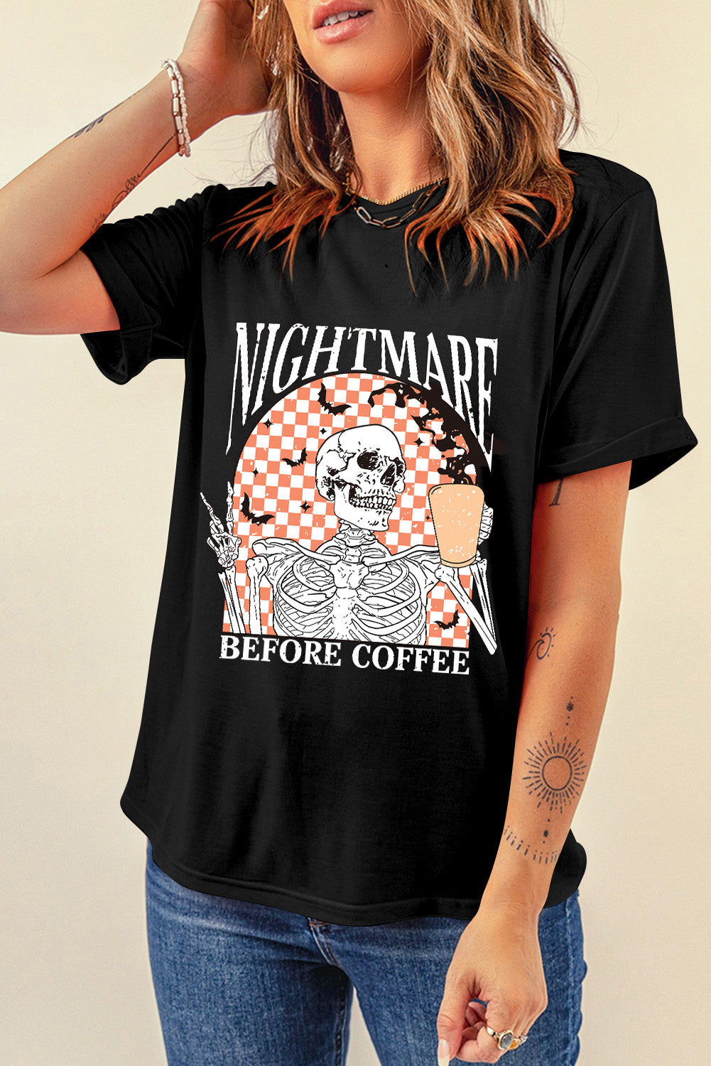 Black Nightmare Before Coffee Skull Checkerboard Graphic Halloween Tee 🇺🇲