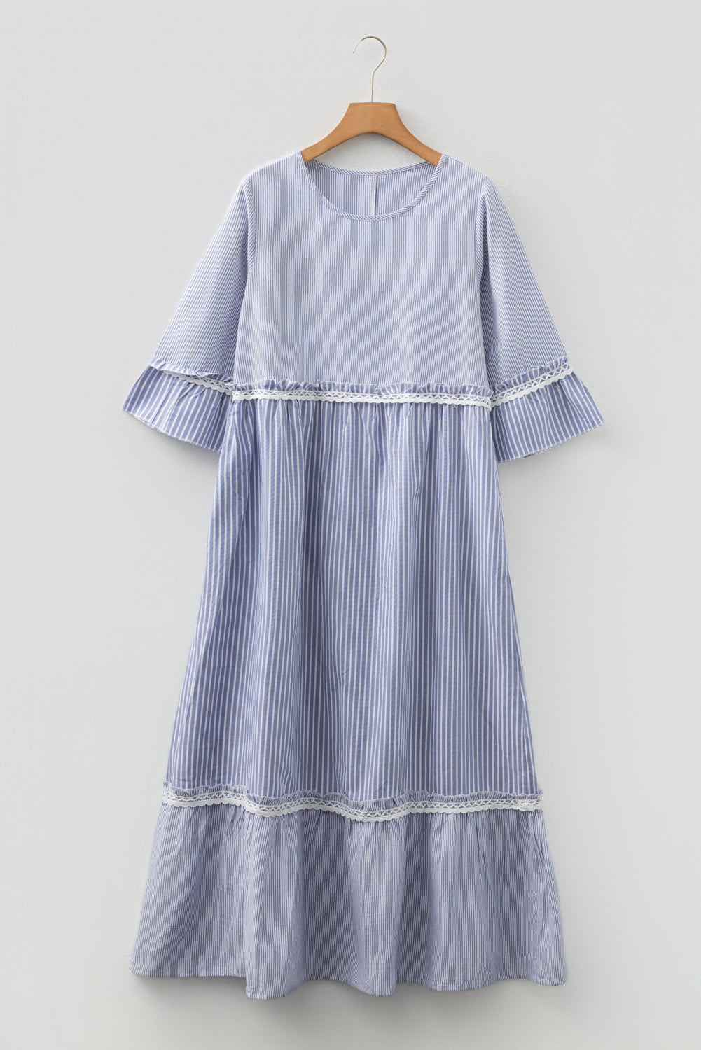Sky Blue Stripe Patchwork Crossed Lace Detail Bracelet Sleeve Maxi Dress 🇺🇸