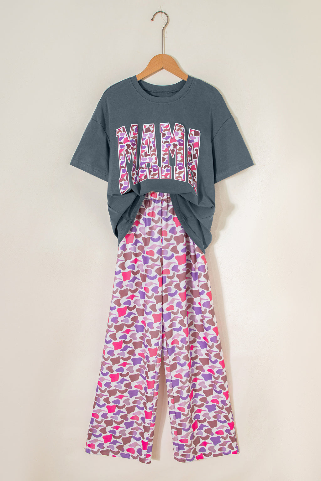 Medium Grey MAMA Letter Graphic Tee Camouflage Print Loose Pant Set 🇺🇸