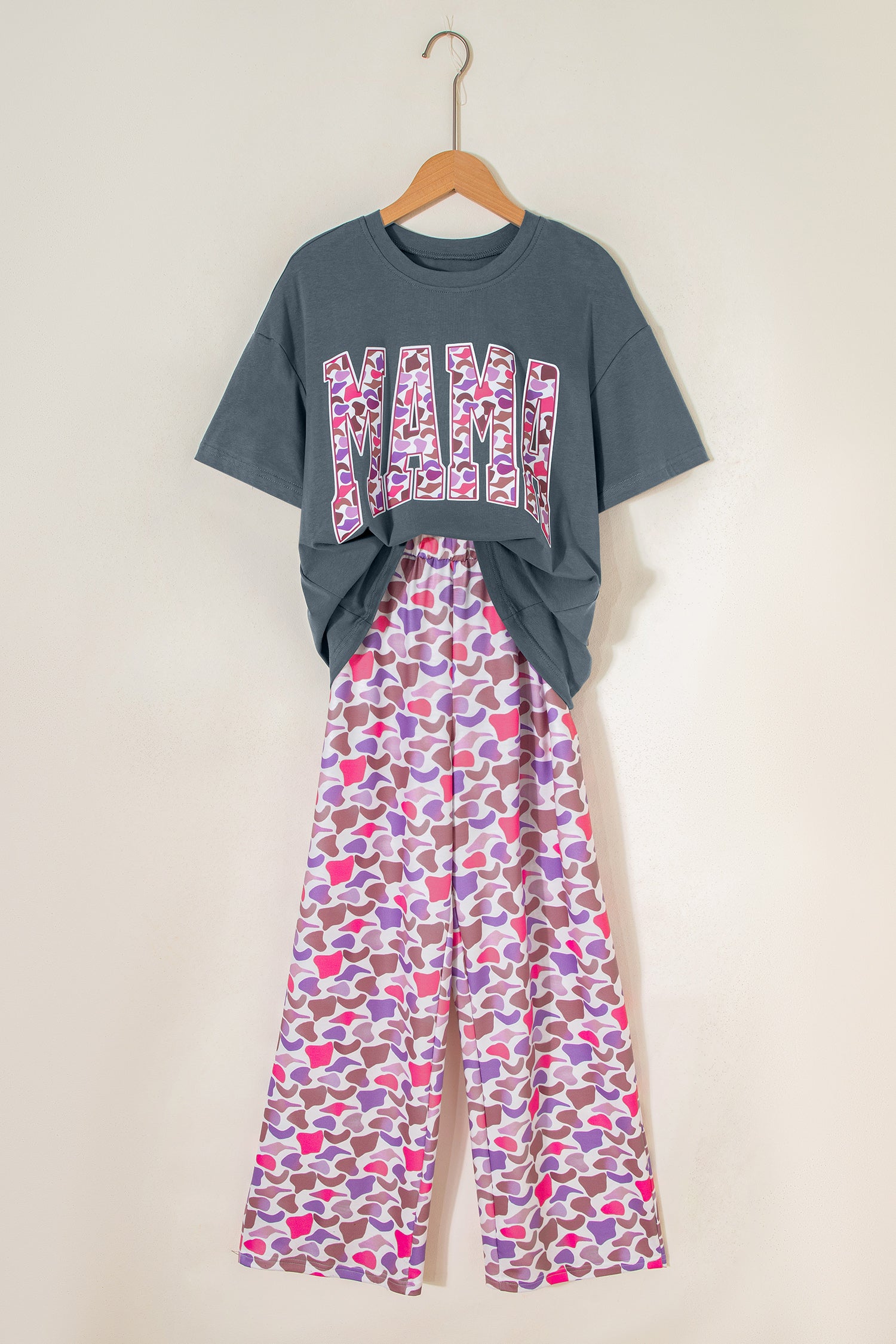 Medium Grey MAMA Letter Graphic Tee Camouflage Print Loose Pant Set 🇺🇸