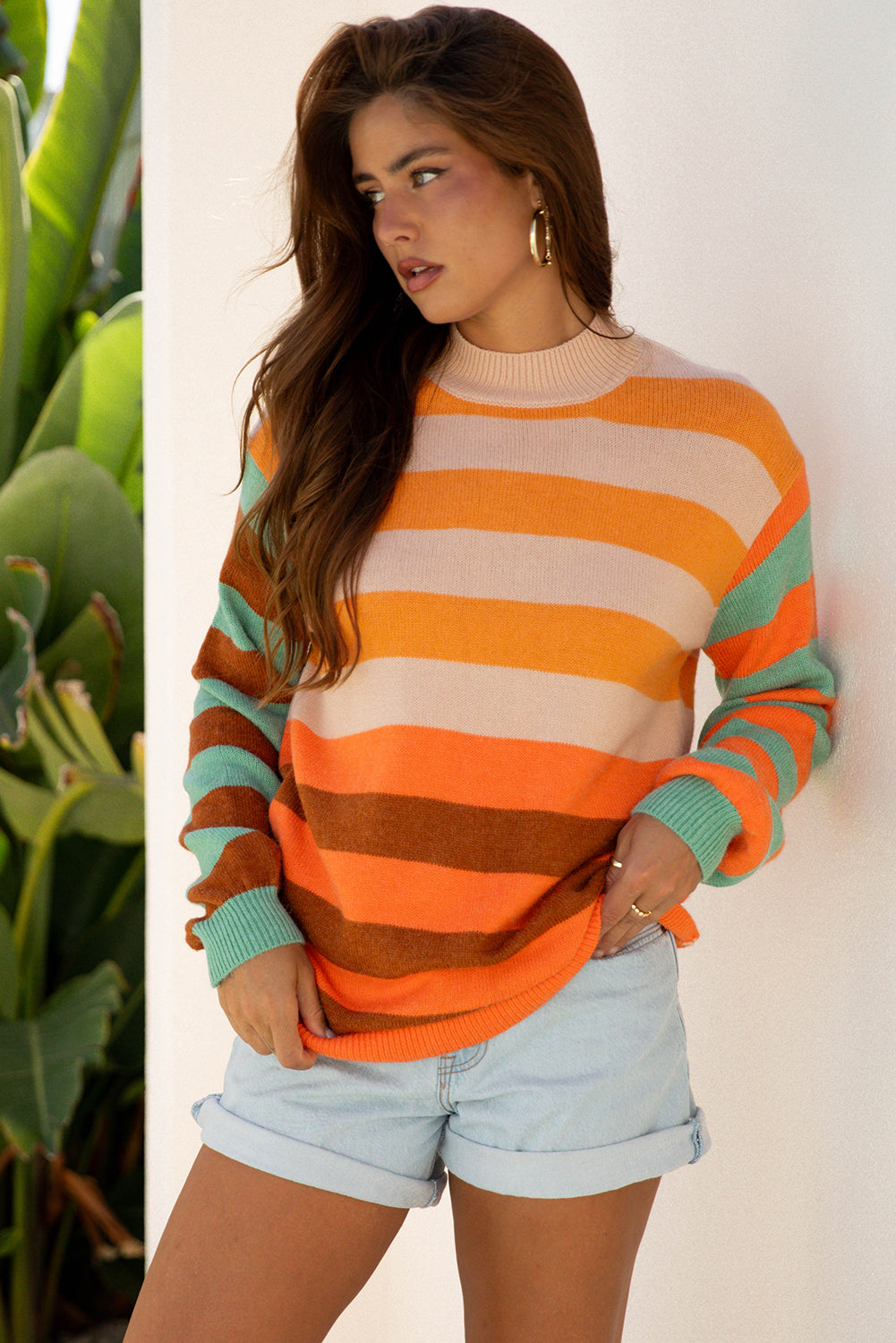 Orange Stripe Color Block High Neck Drop Shoulder Cozy Sweater 🇺🇲