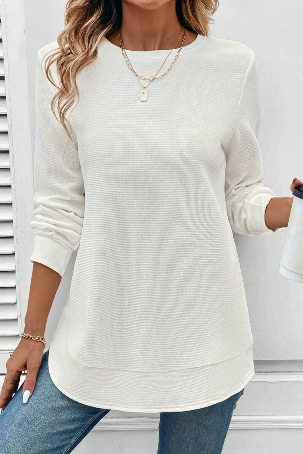 White Rounded Hem Waffle Long Sleeve Top 🇺🇸