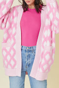 Pink Rhombus Pattern Knit Open Front Pocketed Cardigans 🇺🇲