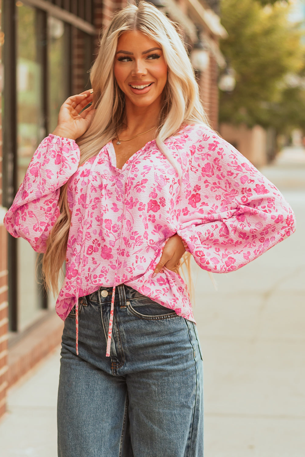 Pink Floral Puff Sleeve Split Neck Lightweight Blouse 🇺🇸