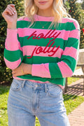 Green Stripe holly jolly Letter Embroidered Pullover Sweatshirt 🇺🇸