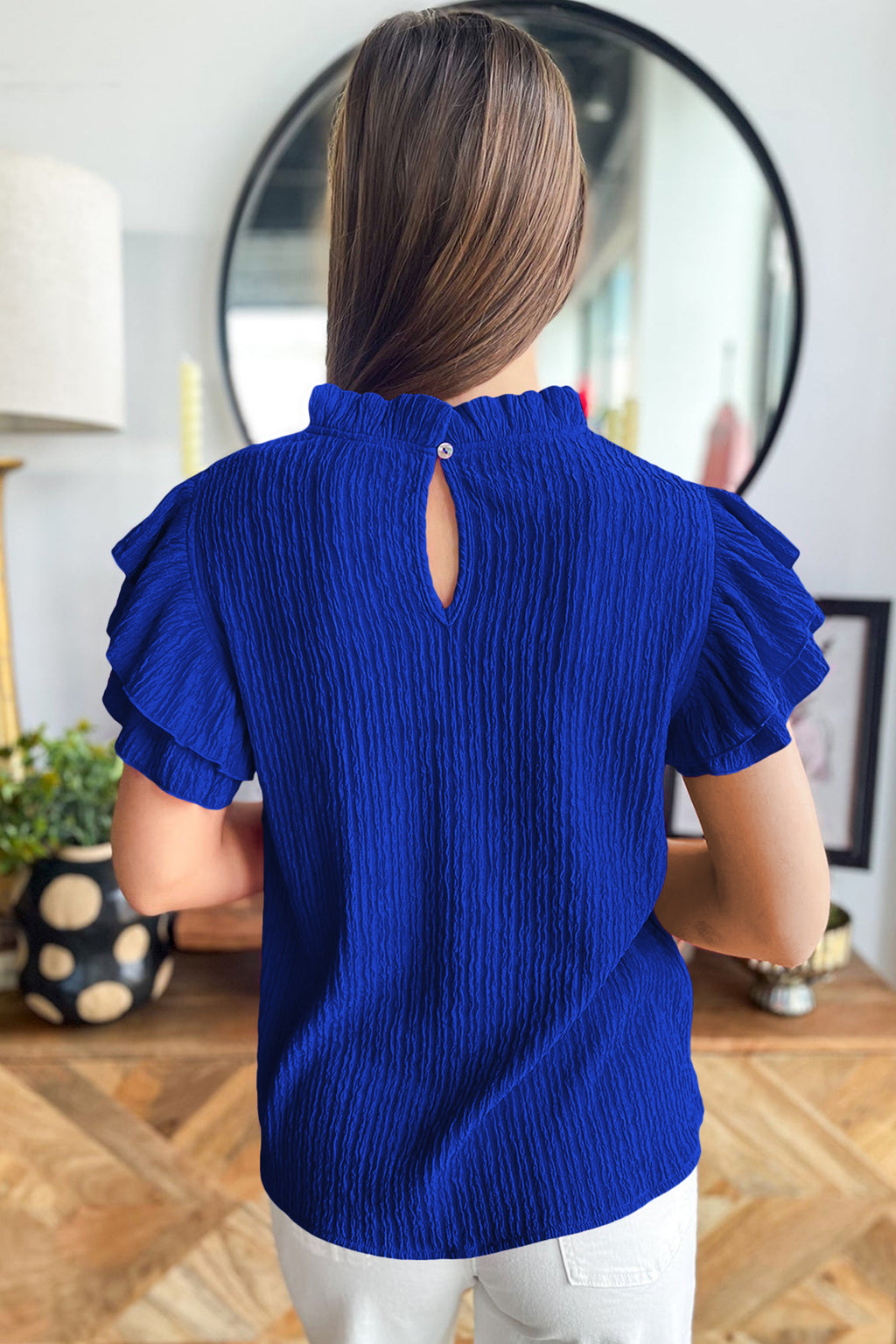 White Solid Color Textured Ruffle Trim Short Sleeve Blouse 🇺🇸