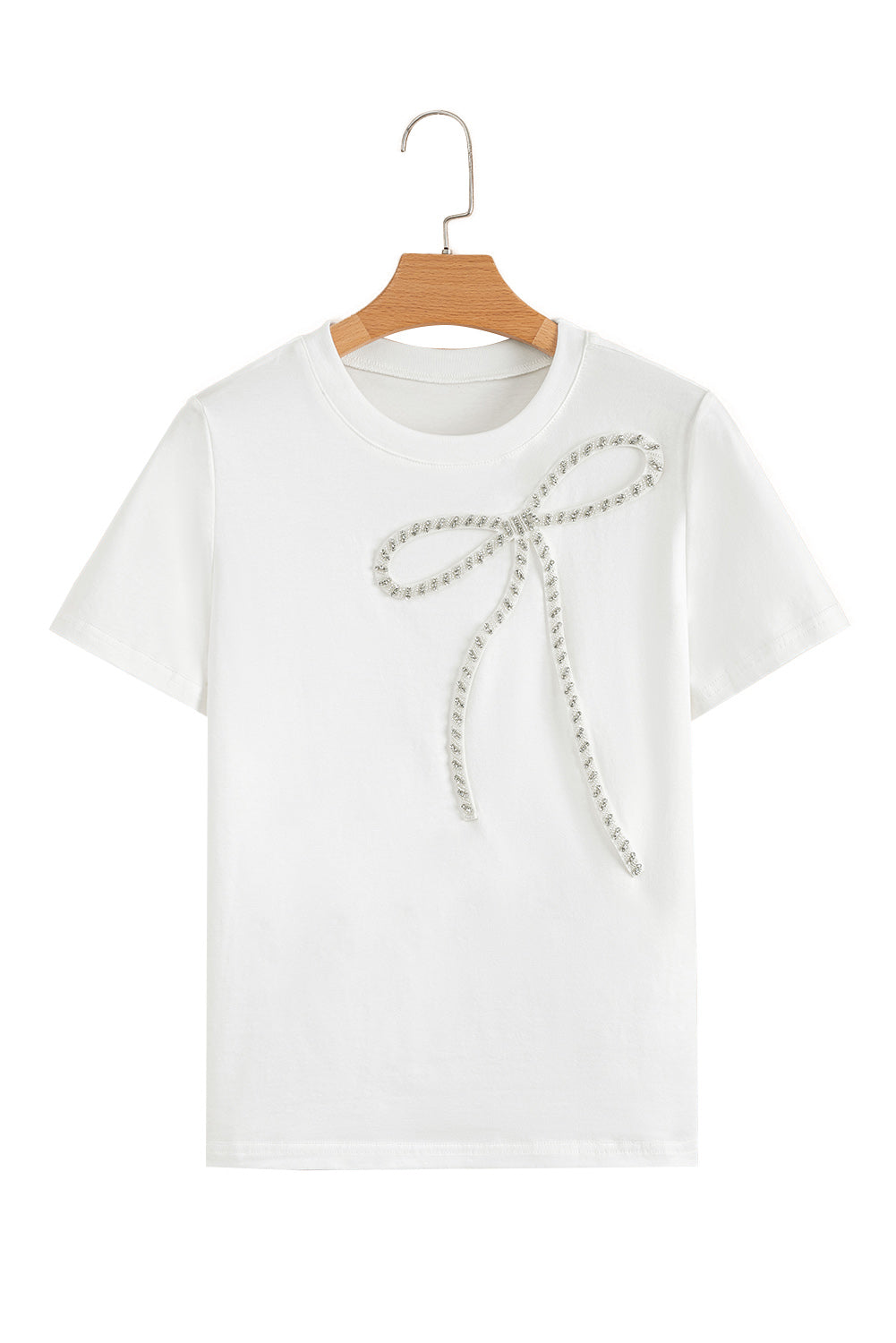 White Rhinestone Bow Embellished Round Neck Tee 🇨🇳