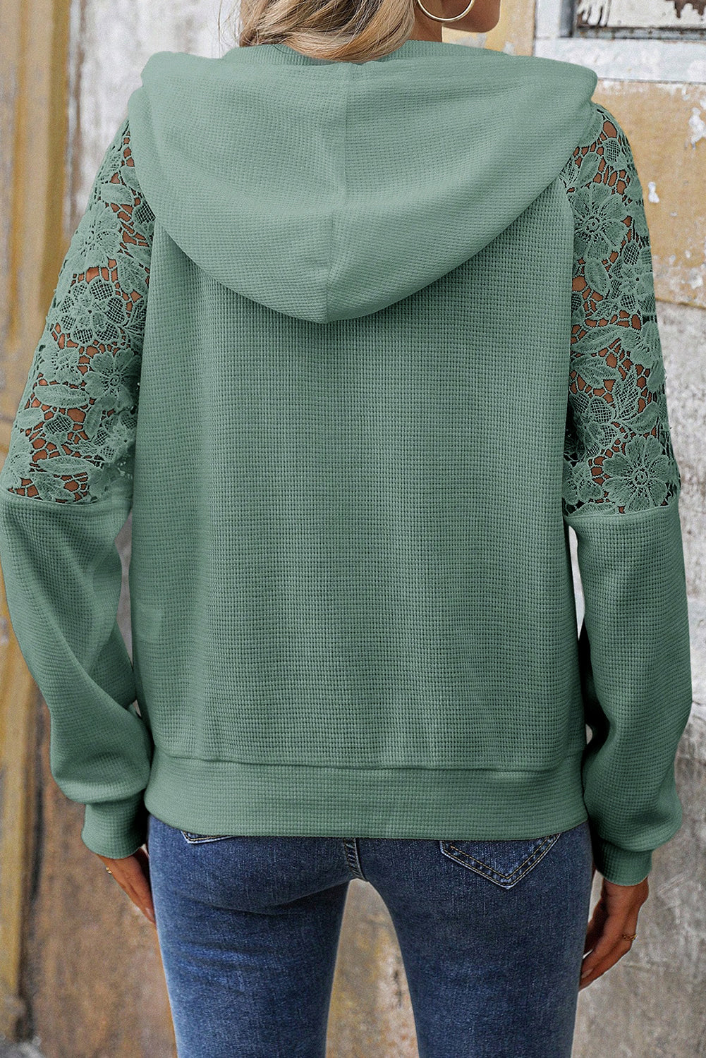 Smoke Green Lace Patchwork Raglan Sleeve Kangaroo Pocket Waffle Hoodie 🇺🇸