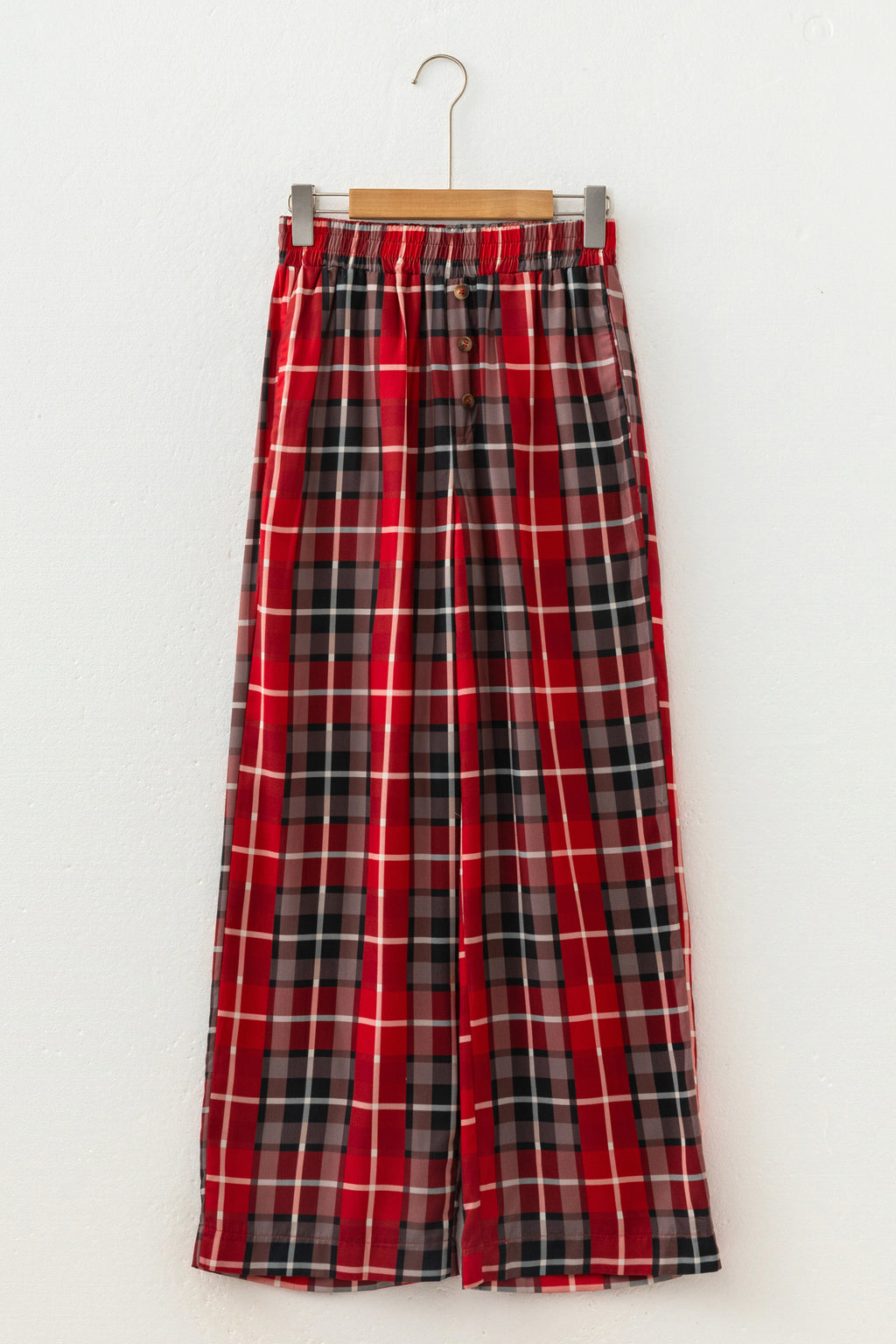 Red Plaid Elastic Waist Pocket Regular Full-Length Pants 🇺🇸