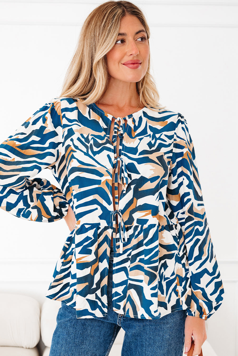 Blue Zebra Print Tied Front Puff Sleeve Top 🇺🇸
