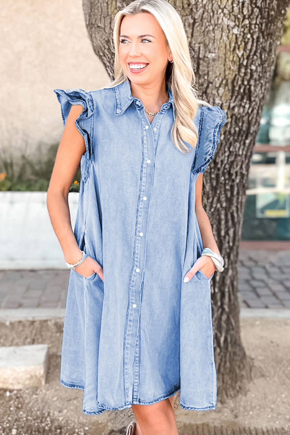 Beau Blue Double Ruffled Sleeves Buttoned A-line Collared Mini Denim Dress 🇨🇳