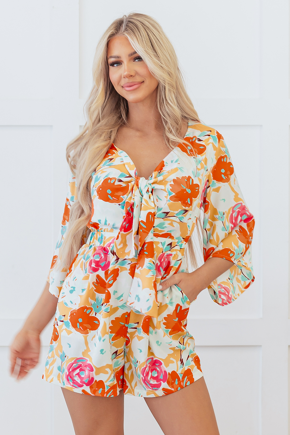 Orange Blooming Floral Print Front Tie Romper 🇺🇸