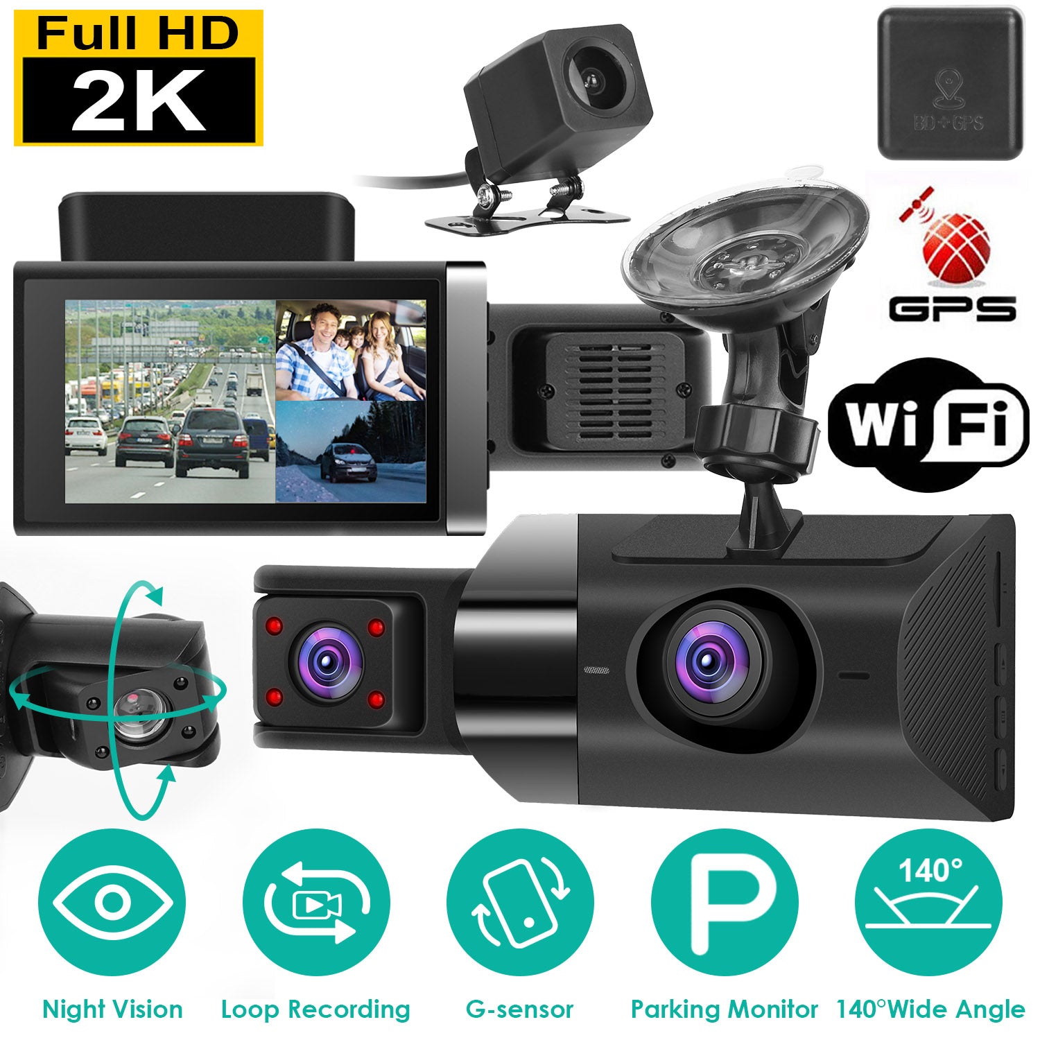 2K Car DVR 3 Channel Dash Cam Camcorder Camera Recorder With 140 Degree Angle GPS WiFi Night Vision G-sensor Loop Recording Parking Monitor 🇨🇳
