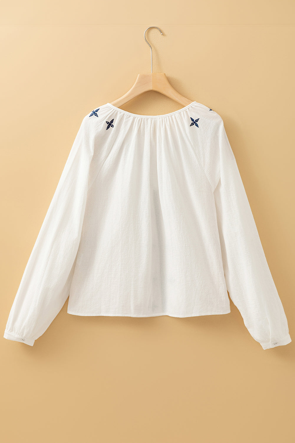 White Geometric Embroidered Long Sleeve Buttoned Blouse 🇺🇸