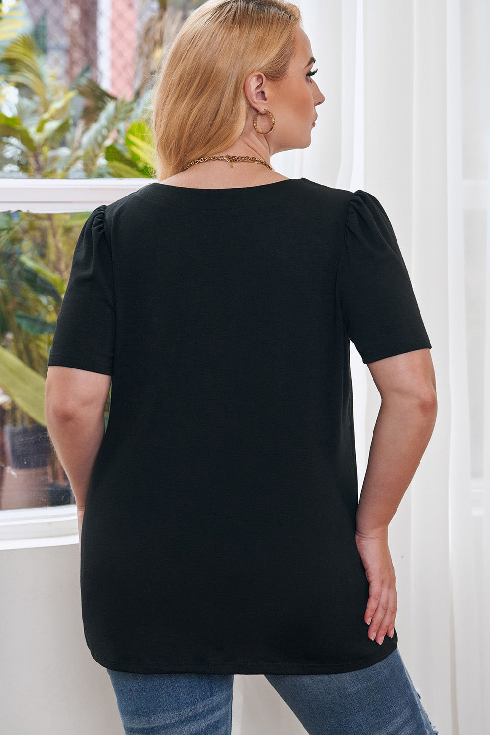 Black Plus Size Square Neck Ruched Shoulder Short Sleeve Top 🇺🇸