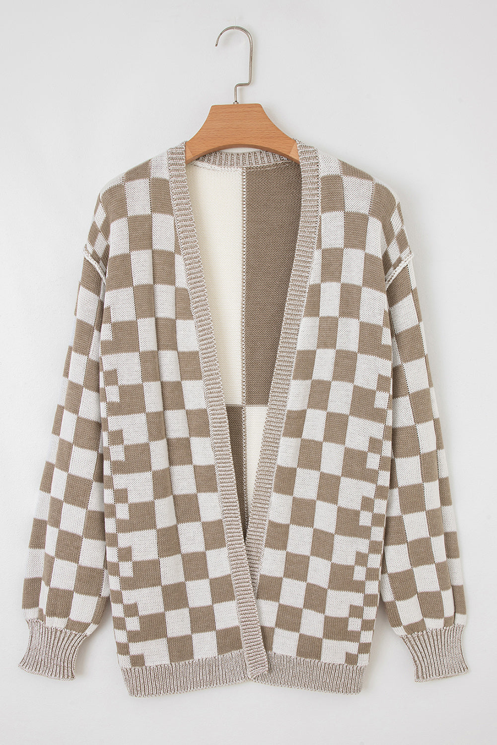Brown Checkered Open Front Drop Shoulder Cardigan 🇺🇲