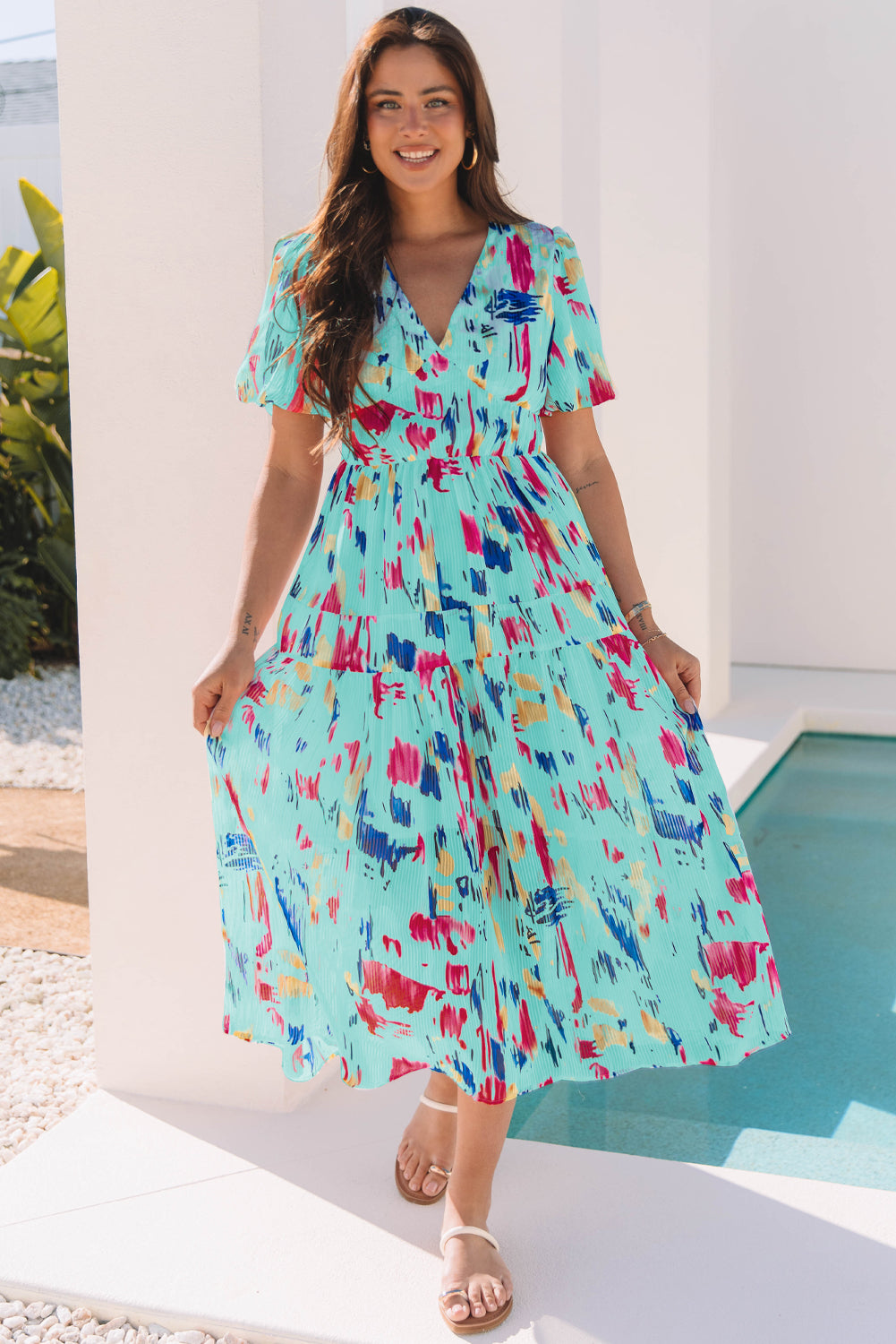 Sky Blue Abstract Print Short Puff Sleeve Tiered Maxi Dress 🇨🇳