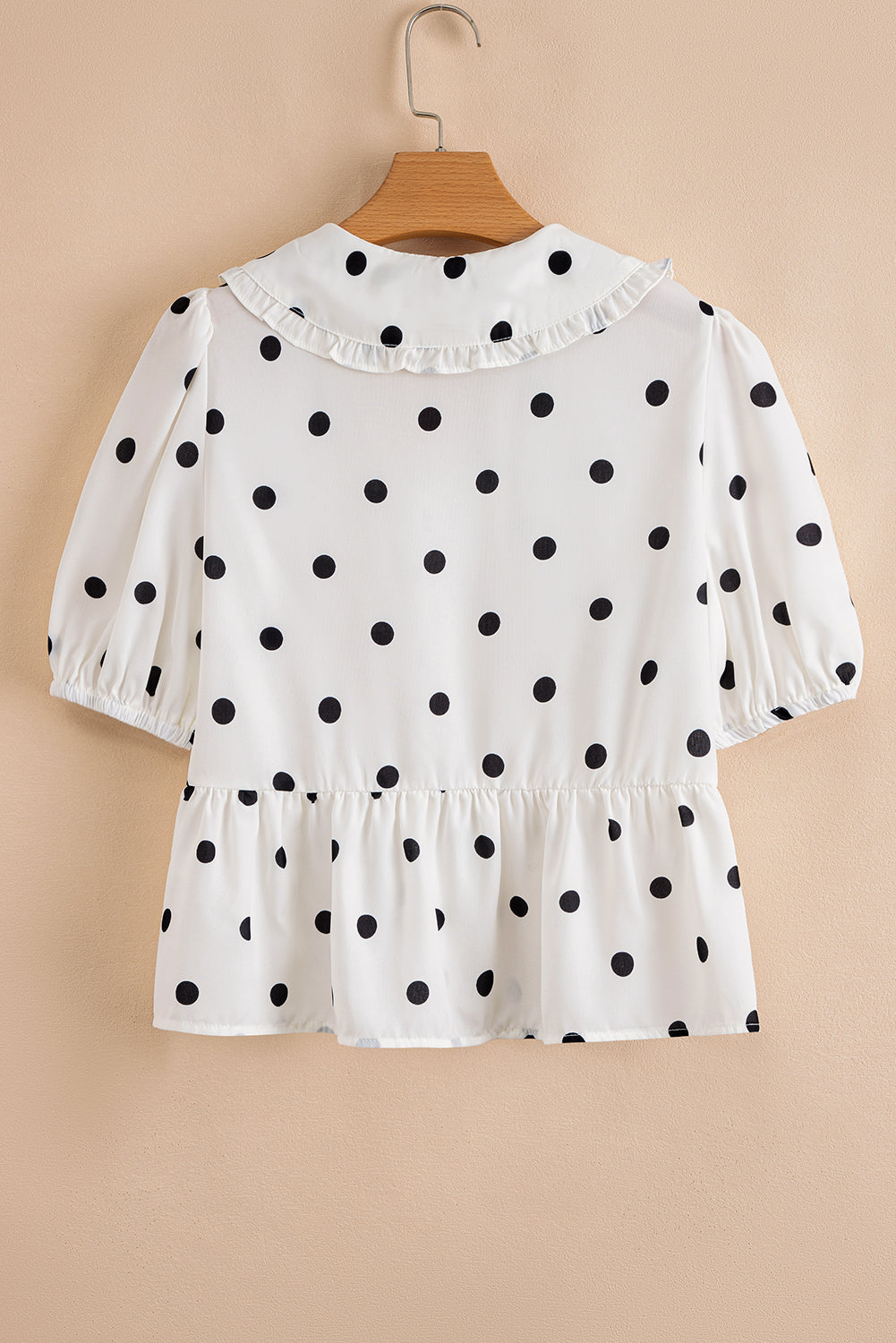 White Polka Dot Collared Lace up Font Puff Sleeve Peplum Top 🇨🇳