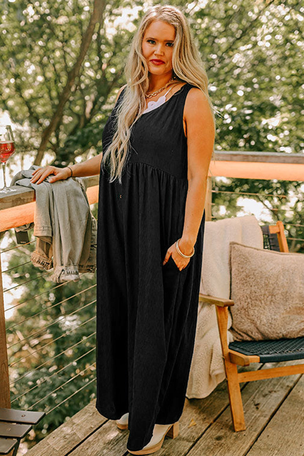 Black Plus Size Sleeveless Button Front Loose Jumpsuit 🇺🇲