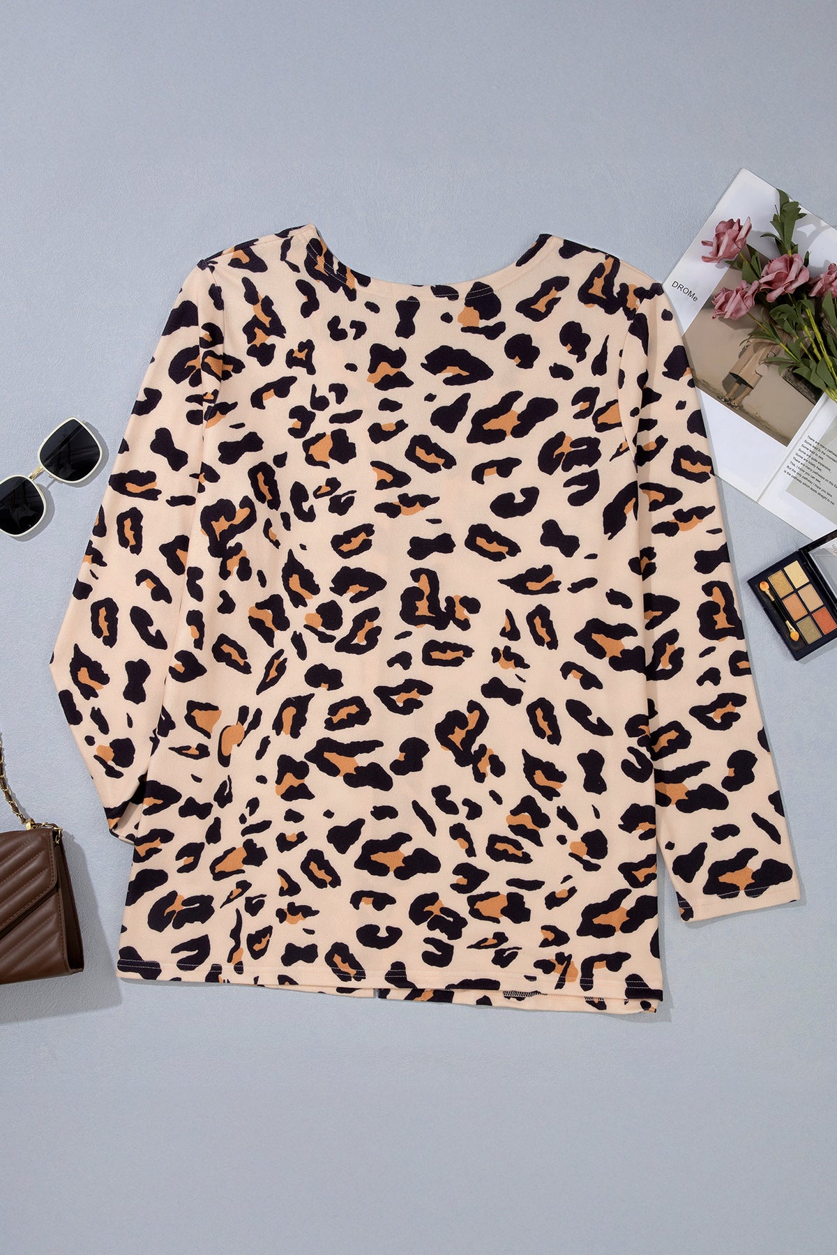 Khaki Leopard Print Long Sleeve V Neck Tunic Plus Size Cardigan 🇺🇸