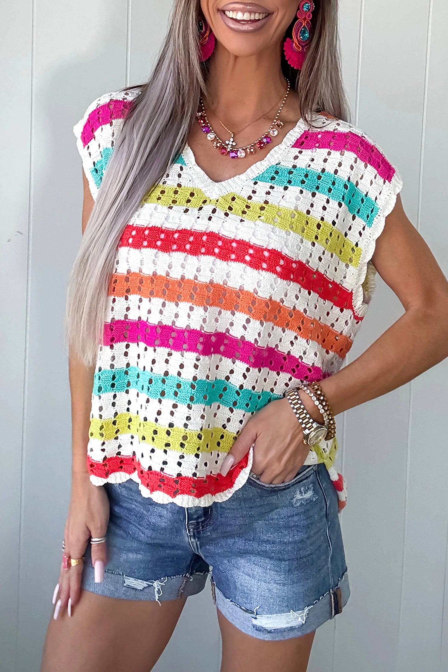 Multicolour Striped Eyelet Knit V Neck Sweater Team 🇺🇸