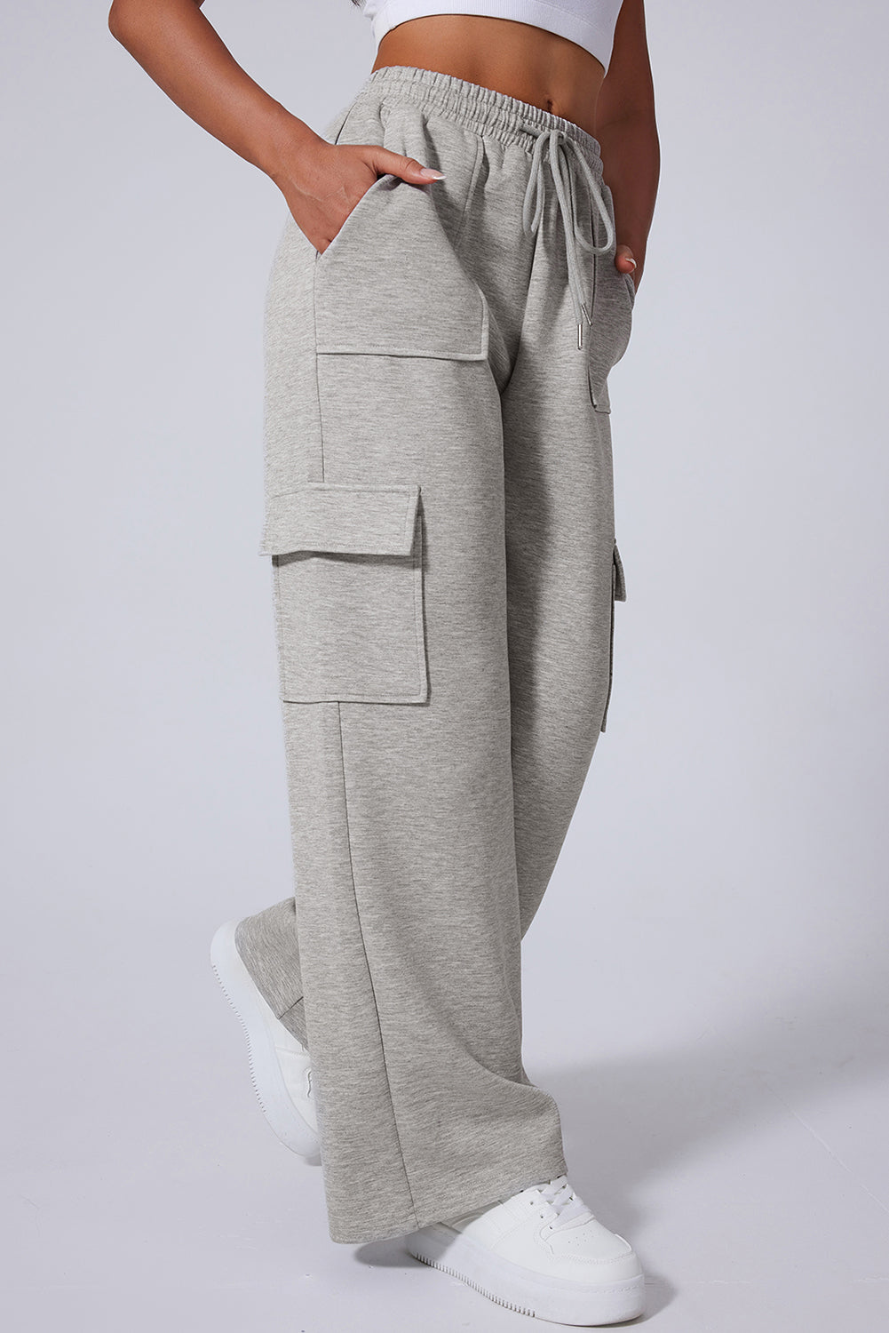 Light Grey Multi Pockets Lace-up High Waist Wide Leg Workout Pants 🇺🇲