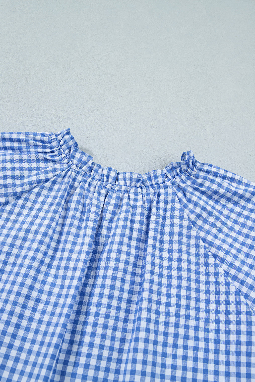 Sky Blue Summer Plaid V Neck Puff Sleeve Blouse 🇺🇸