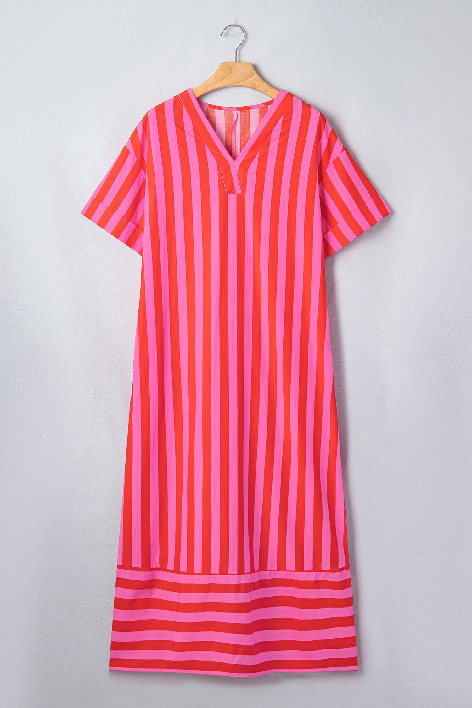 Red Stripe V Neck Cuffed Sleeve Relaxed Split Midi Dress 🇺🇸