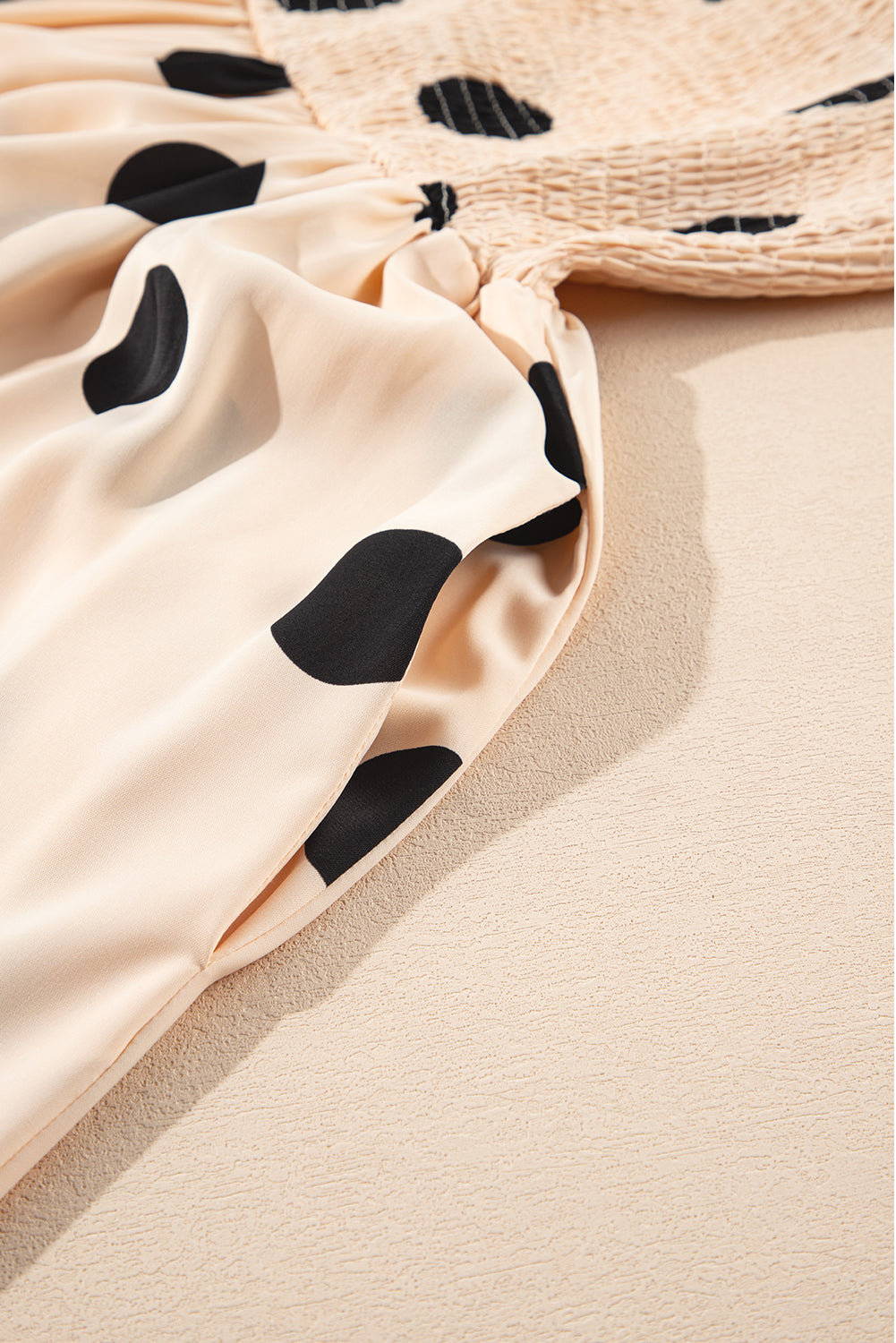Oatmeal Polka Dot Smocked Fit Flared Sleeveless Long Dress 🇨🇳