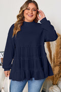 Navy Blue Tiered Ruffle Ribbed Crew Neck Pullover Plus Size Top 🇺🇸