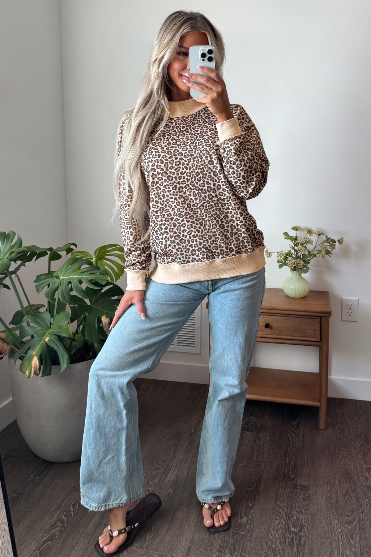 Multicolour Leopard Print High Neck Long Sleeve Ribbed Cuffs Hem Sweatshirt 🇺🇸